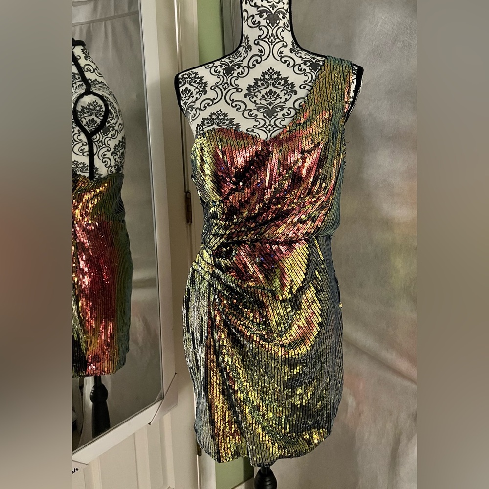 Exc Cond. Sequined One-Shoulder Party Dress, Sz. L